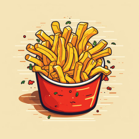 French fries on color bright background. Potato sticks in package. Fast food in 90s styleの素材