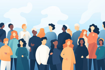 flat illustration of Peoples crowd holding blank white empty banners. Rear viewの素材