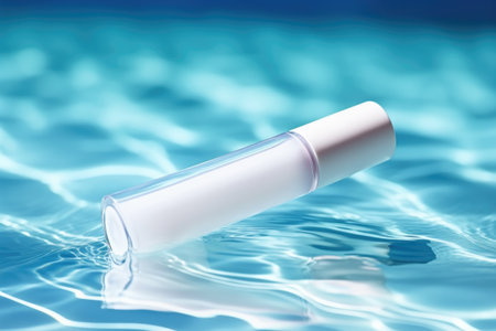 White blank cosmetic bottle tube mock up lies on the blue water surfaceの素材