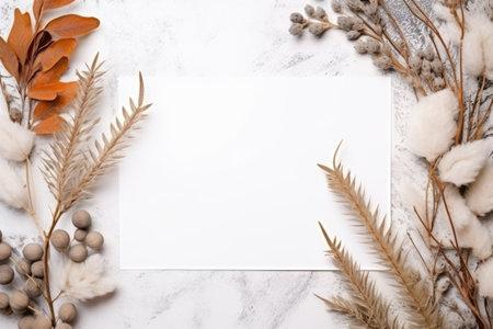 Minimal empty paper card mock up with dry leaves and wild flowers. Bohemian background, boho flat lay composition with copy spaceの素材