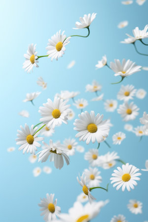 White daisies fly in the air on blue pastel background. Trendy flowers levitationの素材