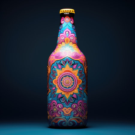 Colorful bottle mandala art on black background. Design print for t-shirt, mug, pillow, sticker, case, emblem, tattoo and puzzleの素材