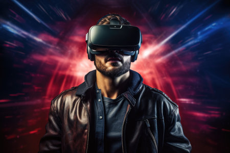 African Man in suit wearing virtual reality glasses. Blue futuristic background. VR and AR technology futuristic conceptの素材