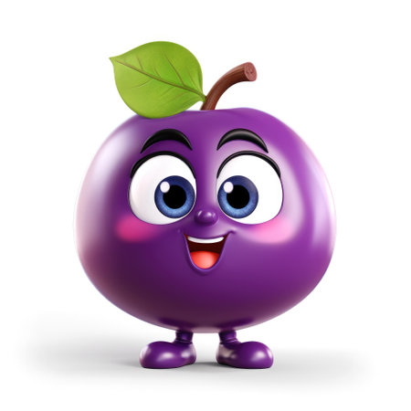 Cute cartoon 3d character plum with eyes. Illustration on white backgroundの素材