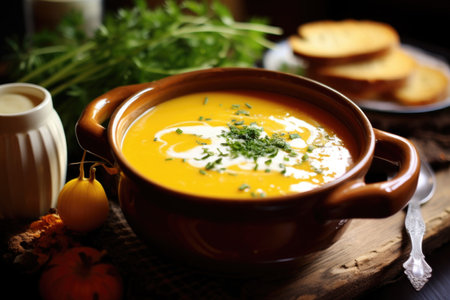 Delicious orange pumpkin soup in bowl on dark background. Hugge styleの素材