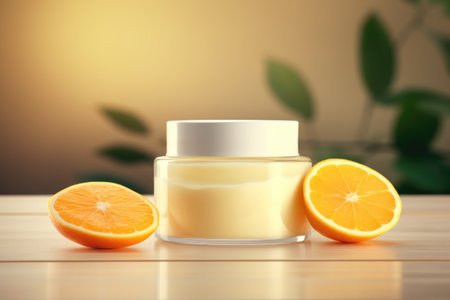 Cosmetic cream blank jar mock up with oranges on light pastel backgroundの素材
