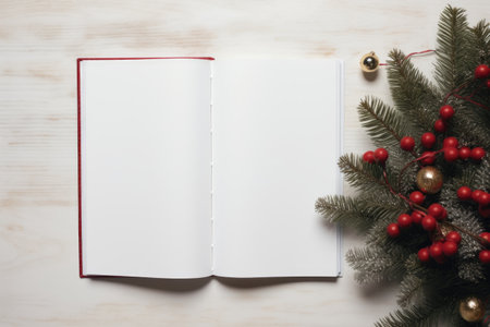 white blank flat lay empty mock up of open planner with christmas tree and decorations aroundの素材
