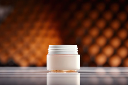 Cosmetic cream blank jar mock up with honey against the background of honeycombsの素材