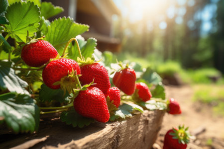 strawberry grow in the orchard garden in sunny day. Harvest farming conceptの素材