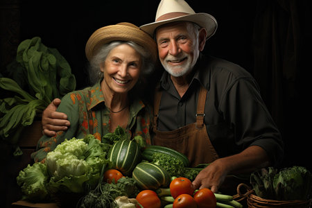 Smiling senior couple in hats with fresh organic vegetablesの素材