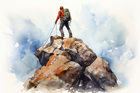 watercolor illustration of rock climber on top mountain. sport and tourism.の素材