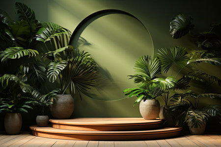 Circle podium with green tropical plants in pots and trendy shadows for your product presentationの素材