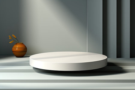 Circle minimal white podium with green tropical plants in vase and trendy shadows for your product presentationの素材