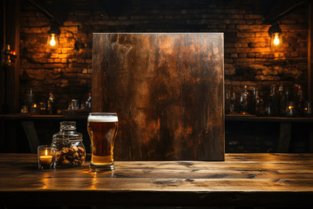 frame with poster empty mockup in bar beer on wooden table with brick wall and green plantsの素材