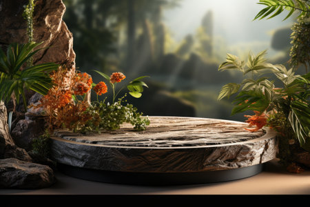 Stone circle pedestal in nature green forest for product presentation.の素材