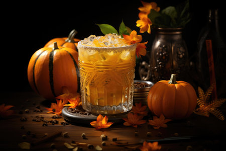 orange halloween cocktail and pumpkins on dark background. Festive drink. Generative AI contentの素材