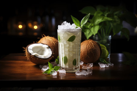 Glass of summer cocktail pina colada with shadows. Generative AI contentの素材