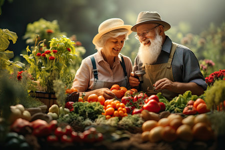 Smiling senior couple in hats with fresh organic vegetablesの素材