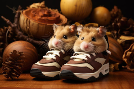 Cute red hamsters sits in orange Shoes.の素材