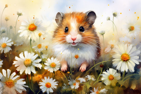 Watercolor cute hamster in flower field on white background. high quality illustrationの素材