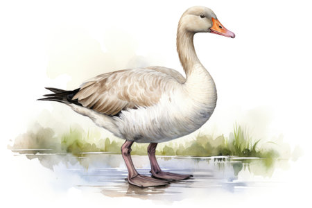 watercolor wild goose in the water with splashes on white backgroundの素材