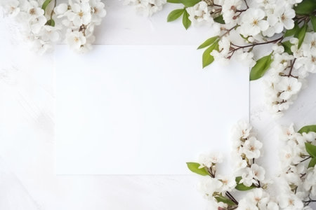 Minimal empty paper card mock up with white flowers. Springtime holiday concept with copyspace.の素材