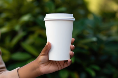 Mock up blank Coffee paper cup in woman hand. nature backgroundの素材