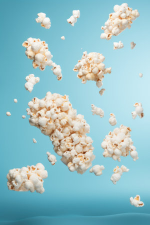 Popcorn fly in the air on blue pastel background. Trendy food levitationの素材