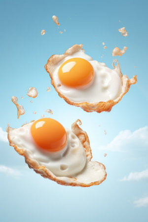 fried eggs for breakfast fly in the air on blue pastel background. Trendy food levitationの素材
