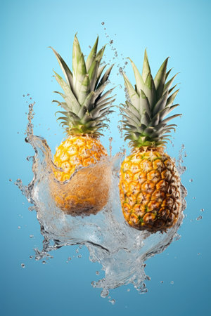 Sweet pineapples with splashes fly in the air on blue pastel background. Trendy food levitationの素材