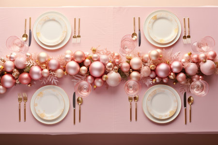 Christmas table setting with dishware, silverware and decorations on festive table.の素材