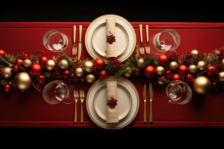 Christmas table setting with dishware, silverware and decorations on festive table. Top view.の素材
