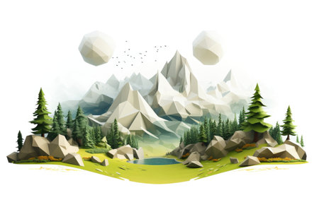 low poly landscape illustration with mountains fir trees and lake. World Environment Dayの素材