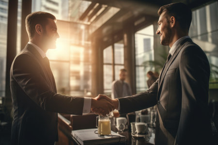 Businessmen making handshake in the city. Successful businessmen handshaking after good deal.の素材