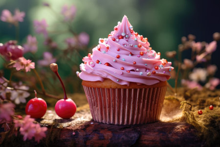 Delicious tasty berry cupcake with cream and decorations. Close upの素材