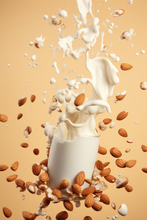 Splash of almond milk and nuts in the air on beige background. Food levitationの素材