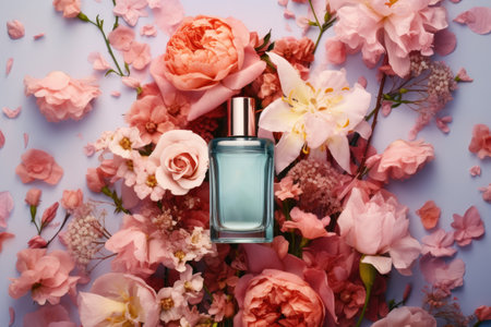 Beautiful blank bottle of luxury perfume with pink flowers backgroundの素材