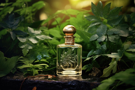 blank bottle of luxury perfume in summer forest with green leaves backgroundの素材