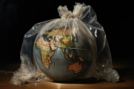 Globe of planet Earth in a cellophane bag on black background. World plastic pollutionの素材