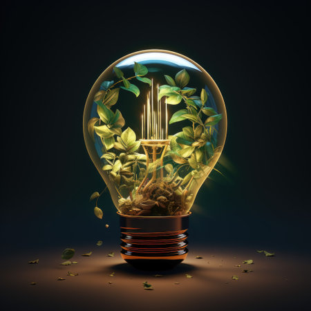 Eco friendly light bulb with fresh green leaves on dark background. Renewable and sustainable energyの素材