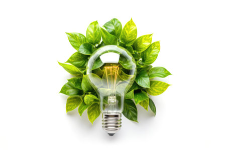 Eco friendly light bulb with fresh green leaves on white background. Renewable and sustainable energyの素材