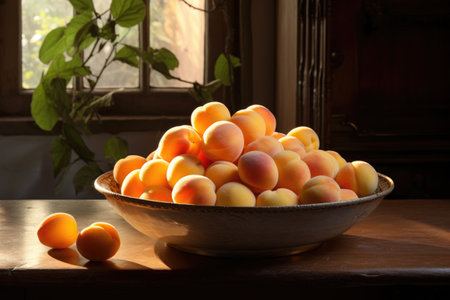 Ripe apricots in bowl on rustic table and window background. Warm sunny backlightの素材