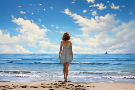 Beautiful slim woman with long hair on the beach. Rear viewの素材