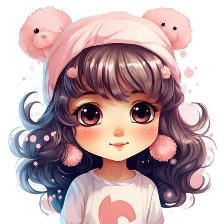 Cute cartoon 3d character girl with big eyes. Illustration on white backgroundの素材
