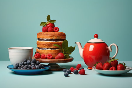 Breakfast with tea cake and berries on light pastel blue table.の素材