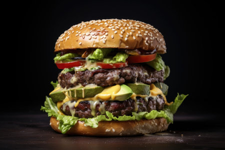 Delicious trendy big burger with avocado, meat and cheese on dark backgroundの素材