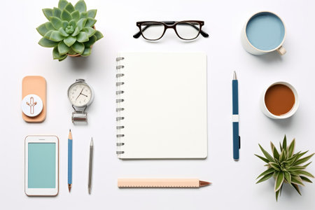 White empty blank mockup with glasses, coffee and green plants. Minimal business mock upの素材