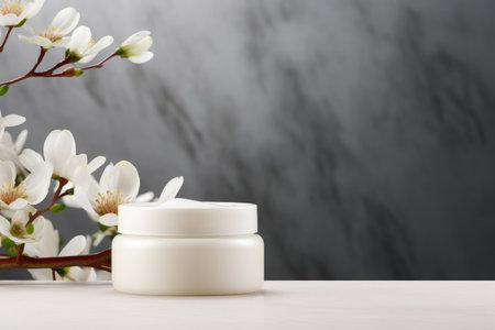 Cosmetic cream blank jar mock up with white flowers on light pastel background. Copy spaceの素材