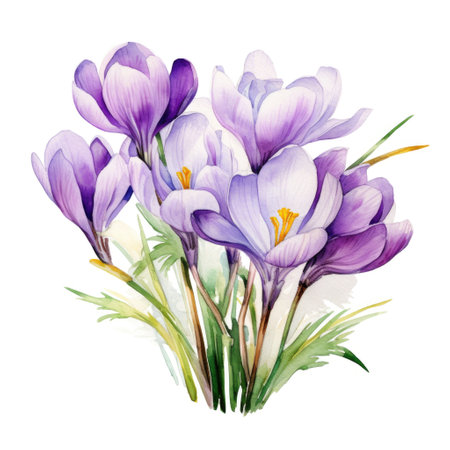 Colorful watercolor crocus flower illustration on a white background.の素材