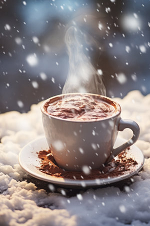 hot chocolate cup in winter with snow on backgroundの素材